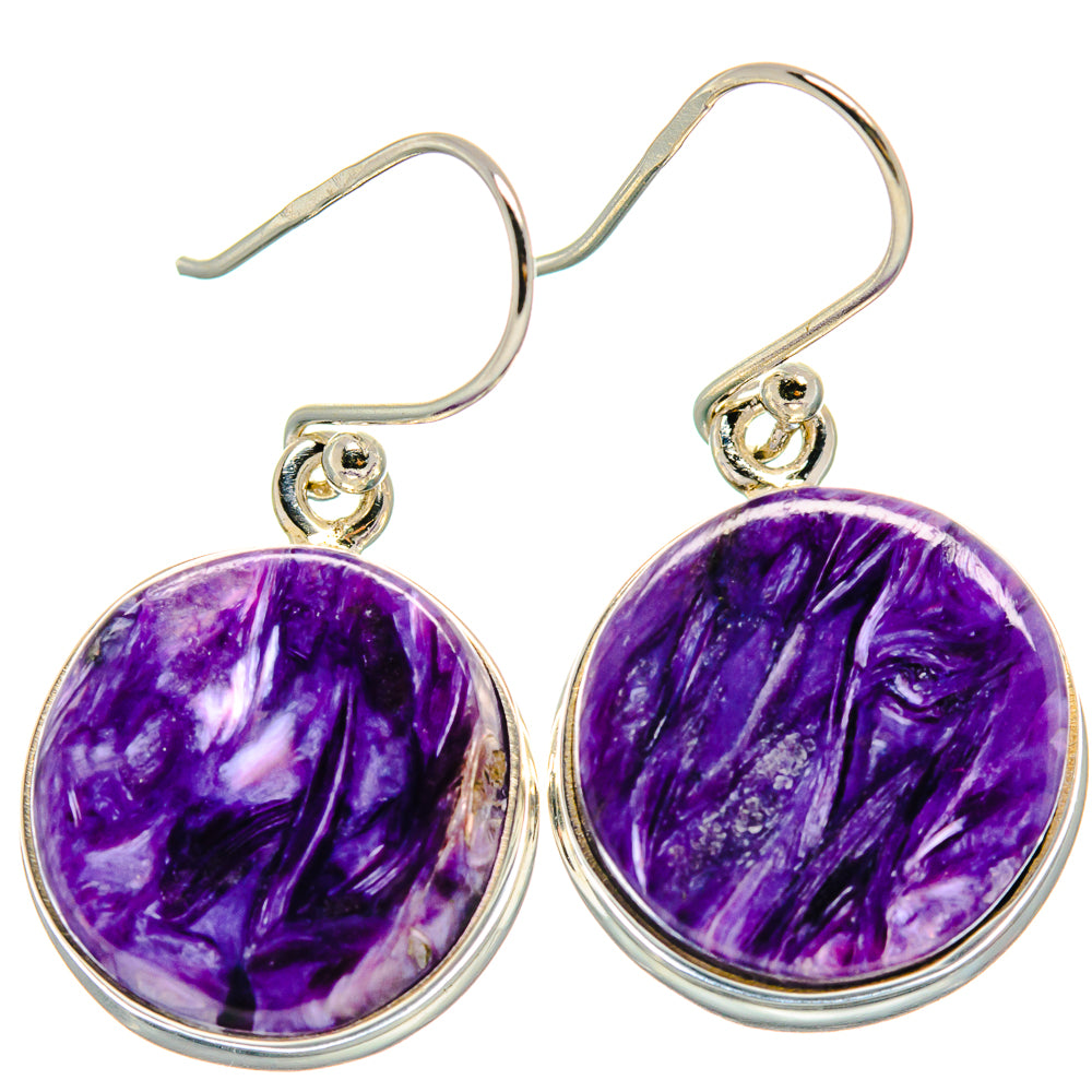 Pair of purple oval charoite drop earrings in 925 sterling silver with lever hooks