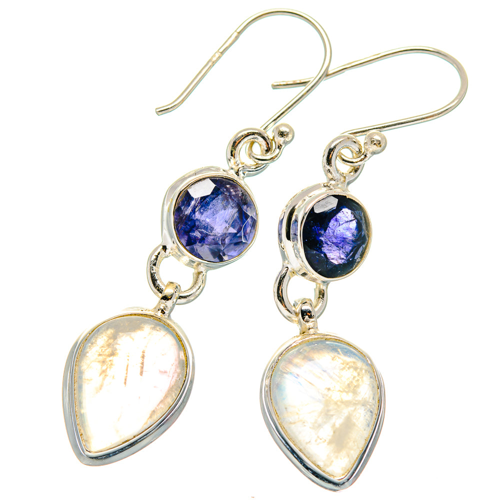 Sterling silver drop earrings with pear moonstone and oval dark blue gemstone charms