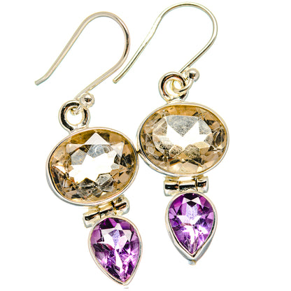 Sterling silver drop earrings with round smoky quartz and amethyst teardrop accents