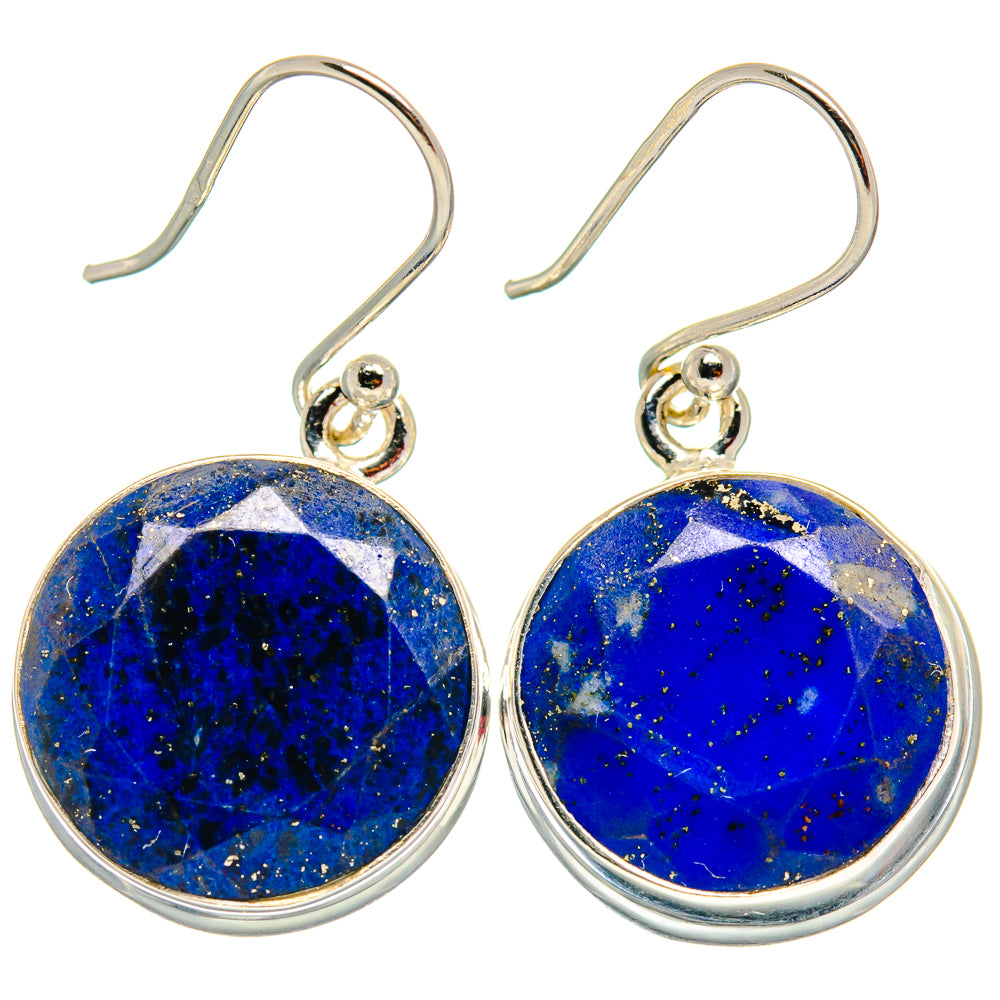 Lapis lazuli round drop earrings with sterling silver hooks, blue stone with gold flecks.