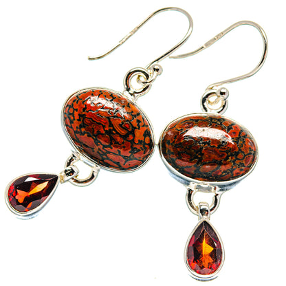 925 sterling silver dinosaur bone oval earrings with red pear and teardrop dangles