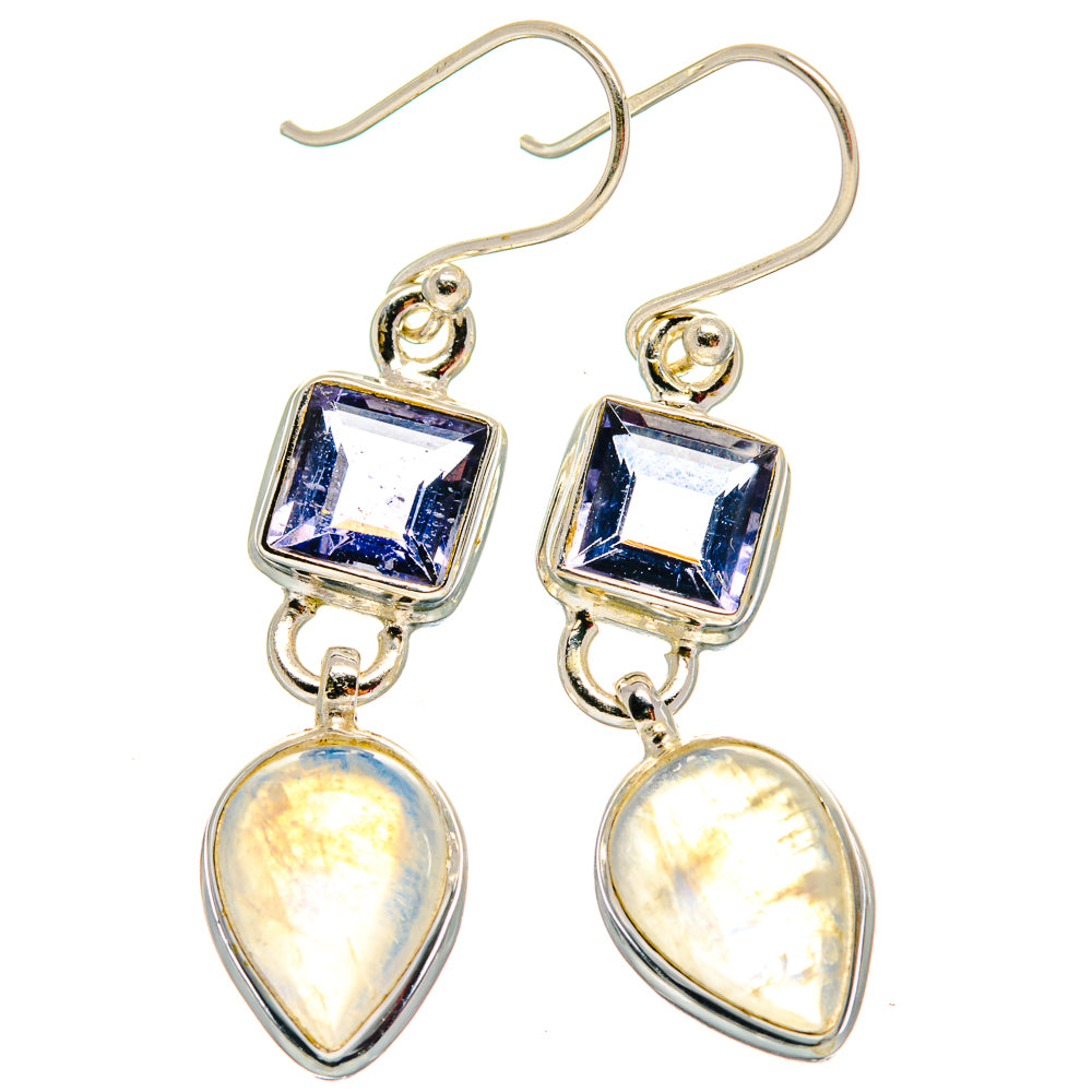 Sterling silver dangle earrings with blue square and teardrop rainbow moonstones