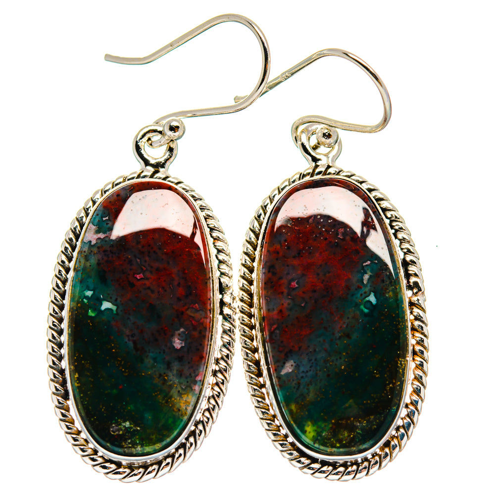 925 sterling silver oval bloodstone drop earrings with braided bezel, speckled cabochons