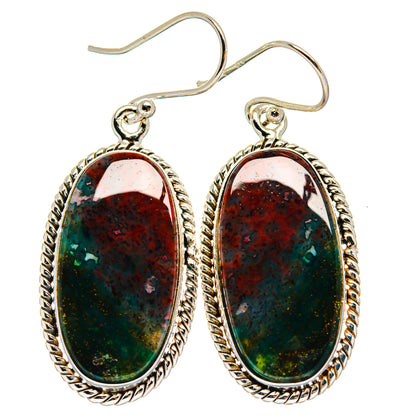 925 sterling silver oval bloodstone drop earrings with braided bezel, speckled cabochons