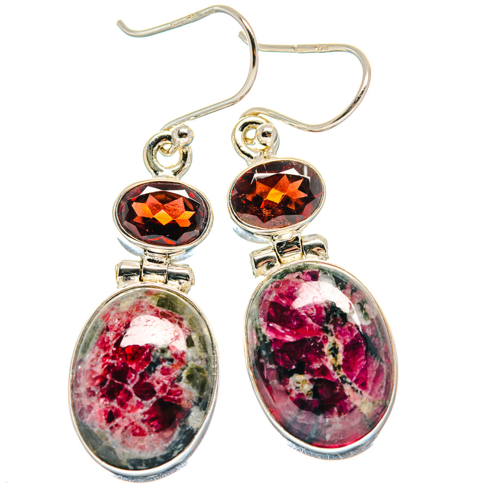 925 sterling silver drop earrings with round garnet tops and oval mottled eudialyte bottoms