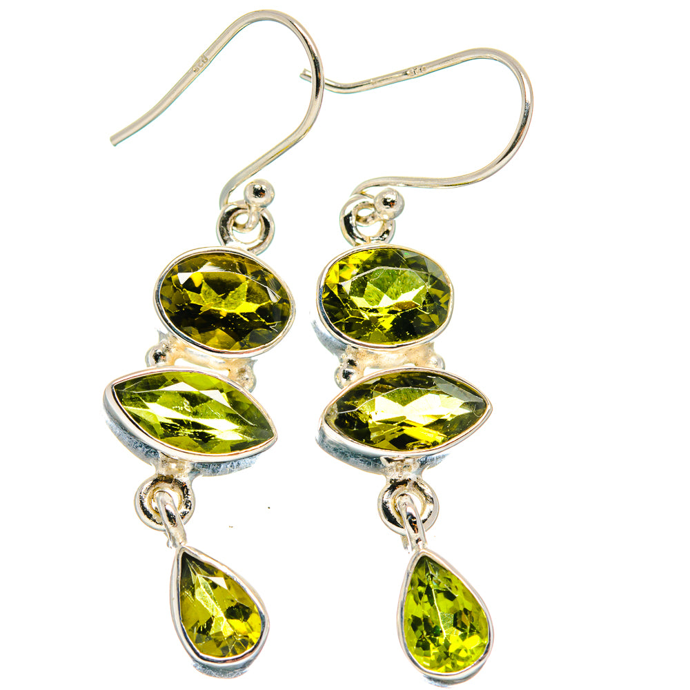 Sterling silver peridot drop earrings with four faceted green stones, fishhook
