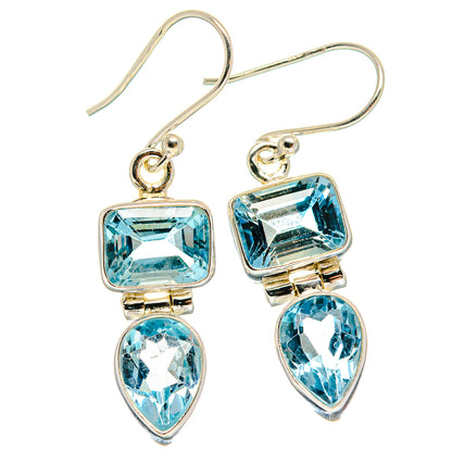 Sterling silver blue topaz dangling earrings, rectangular top and heart-shaped stones