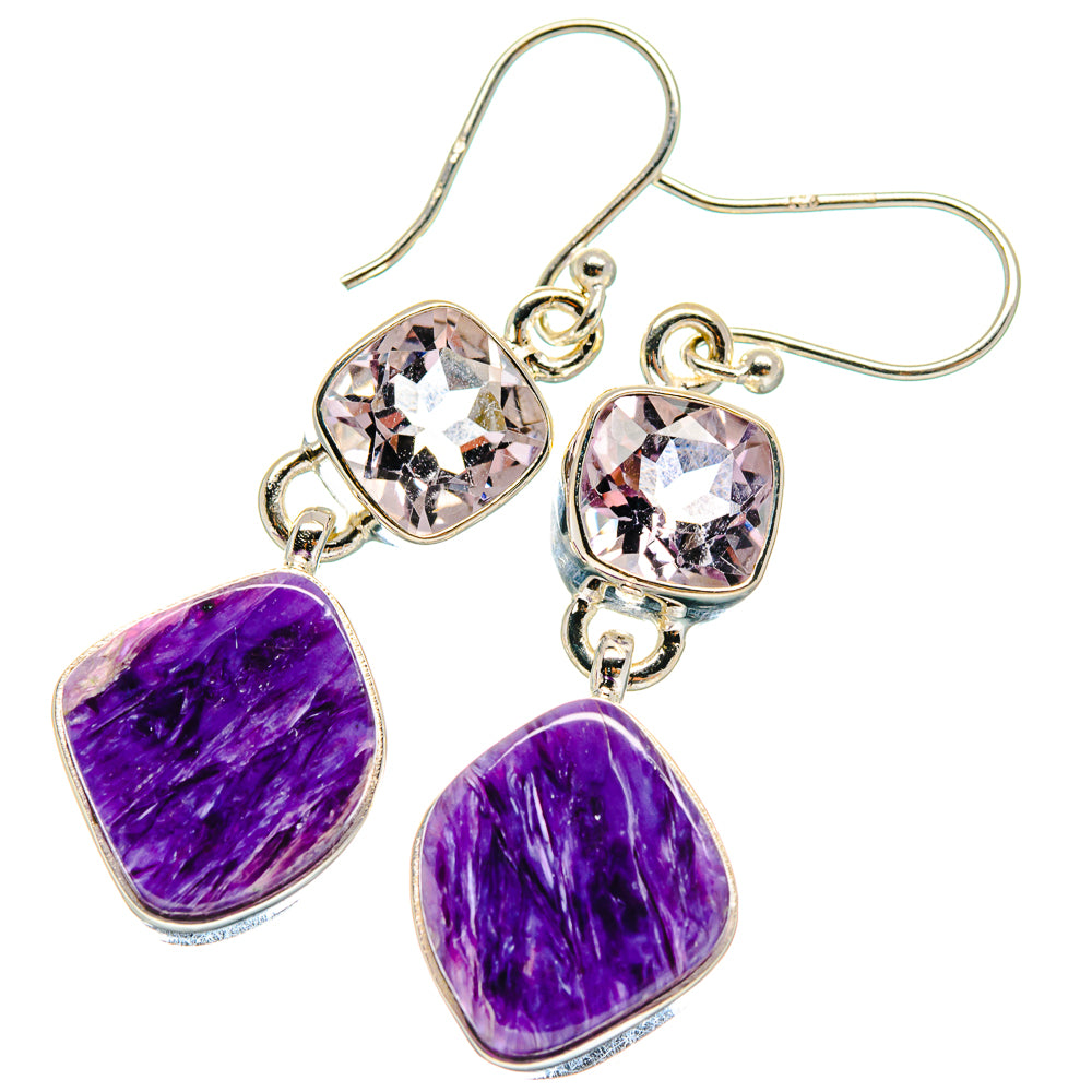 Heart-shaped purple gemstone earrings with 925 silver hooks and faceted pink stone tops