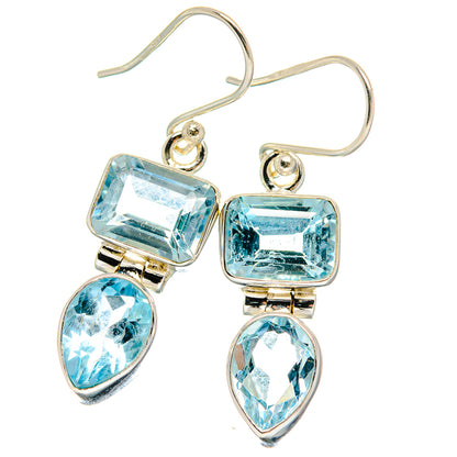 925 sterling silver blue topaz drop earrings, square and pear stones on hook
