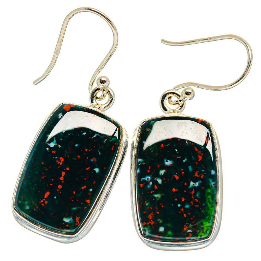 Hook drop earrings in 925 sterling silver with green bloodstone and red speckles