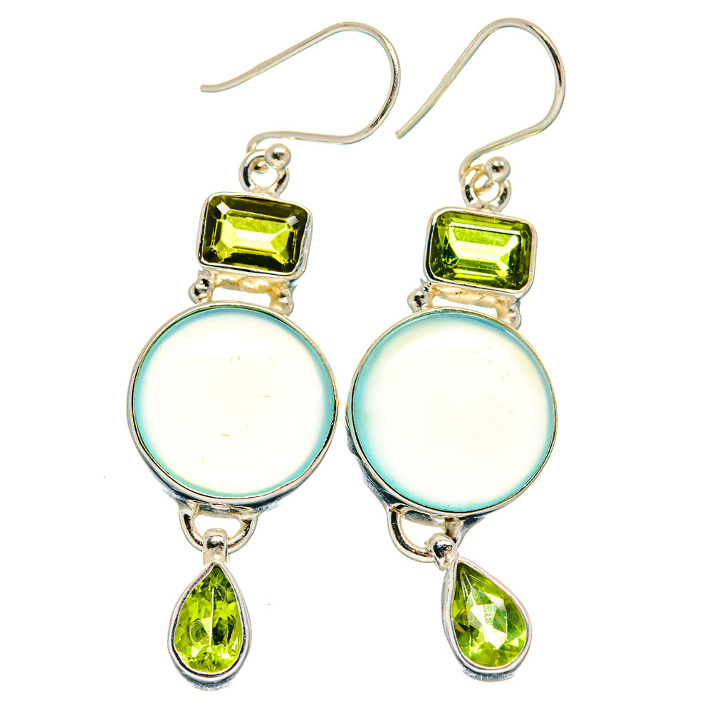 Sterling silver drop earrings with square peridot tops, round aqua cabochons, and green teardrops