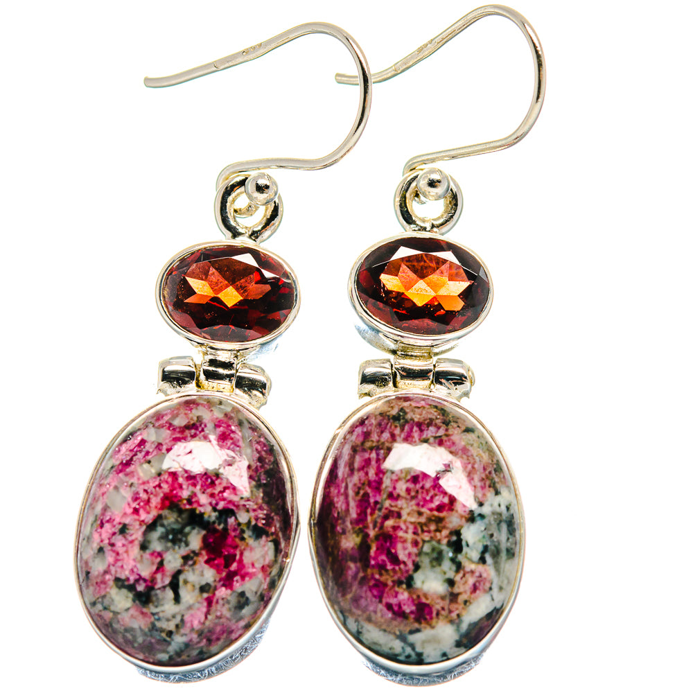 Sterling silver drop earrings with red round gemstone and pink speckled teardrop cabochons