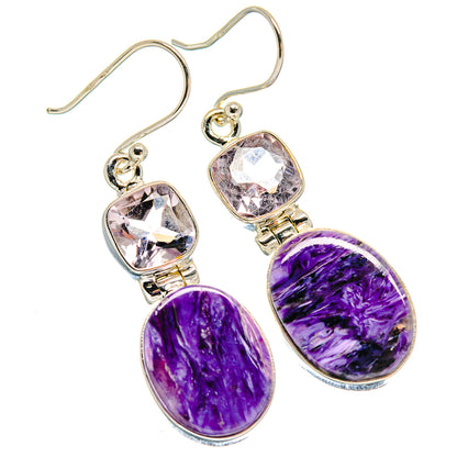 925 sterling silver drop earrings with faceted pink studs and purple oval pendants