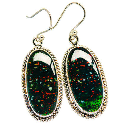 Oval bloodstone cabochon drop earrings, bezel-set in sterling silver, fishhook backs