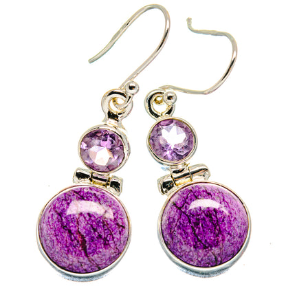 Amethyst drop earrings with purple round stones and silver hook, dangling