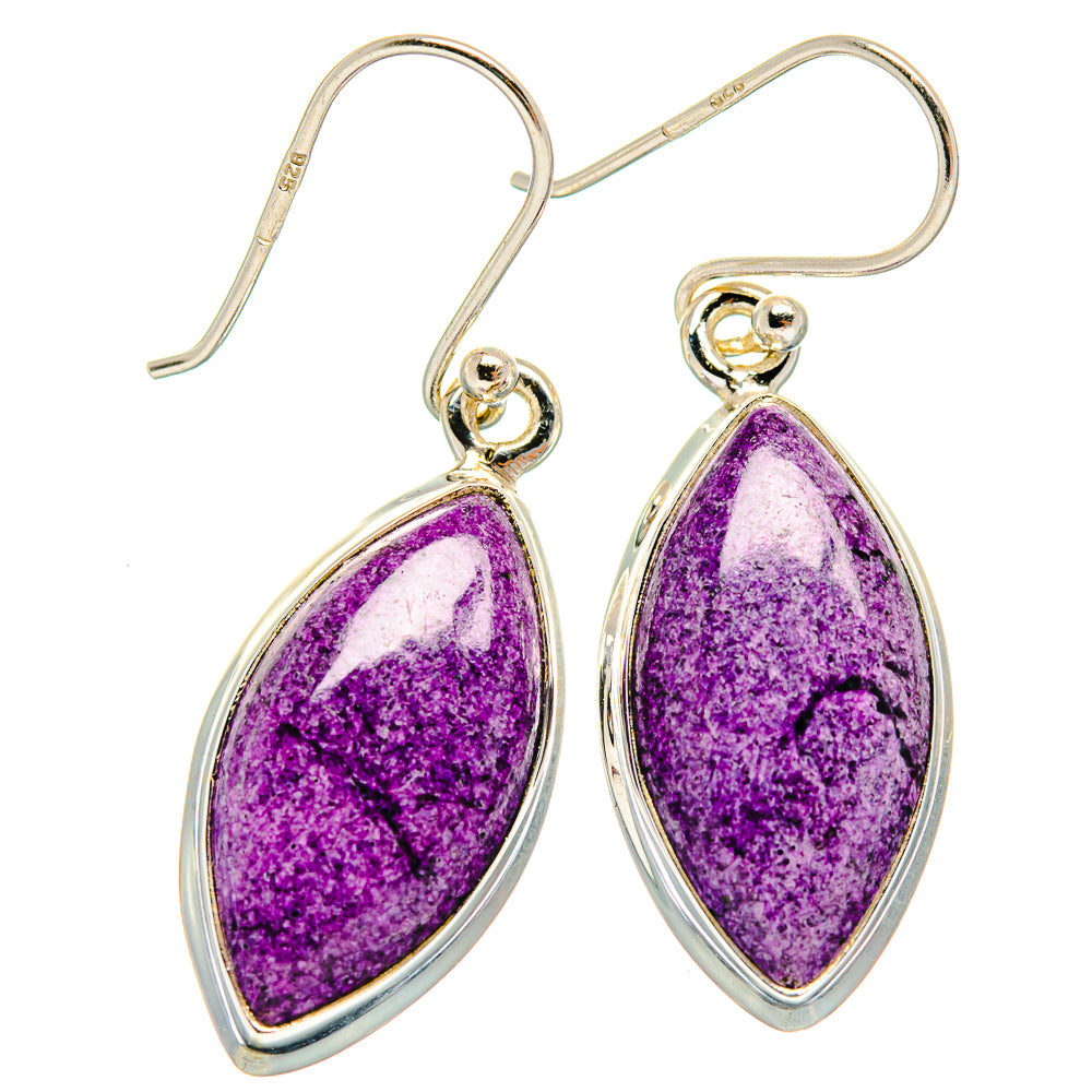 Pair of purple teardrop stichtite drop earrings, 925 sterling silver scalloped bezels