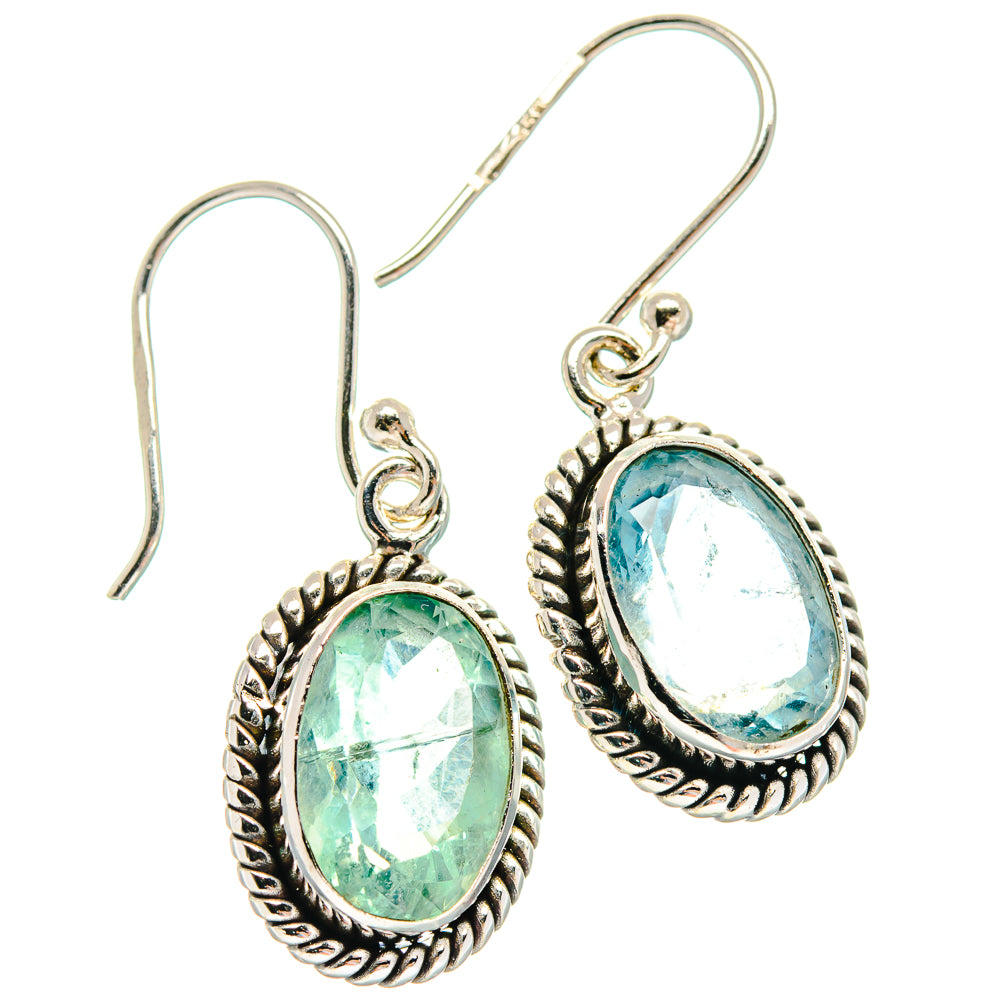 Oval fluorite drop earrings in 925 sterling silver, blue-green stone bezel settings