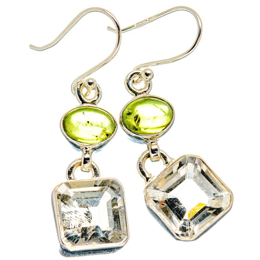 925 sterling silver dangle earrings with oval green stones and square faceted clear drops