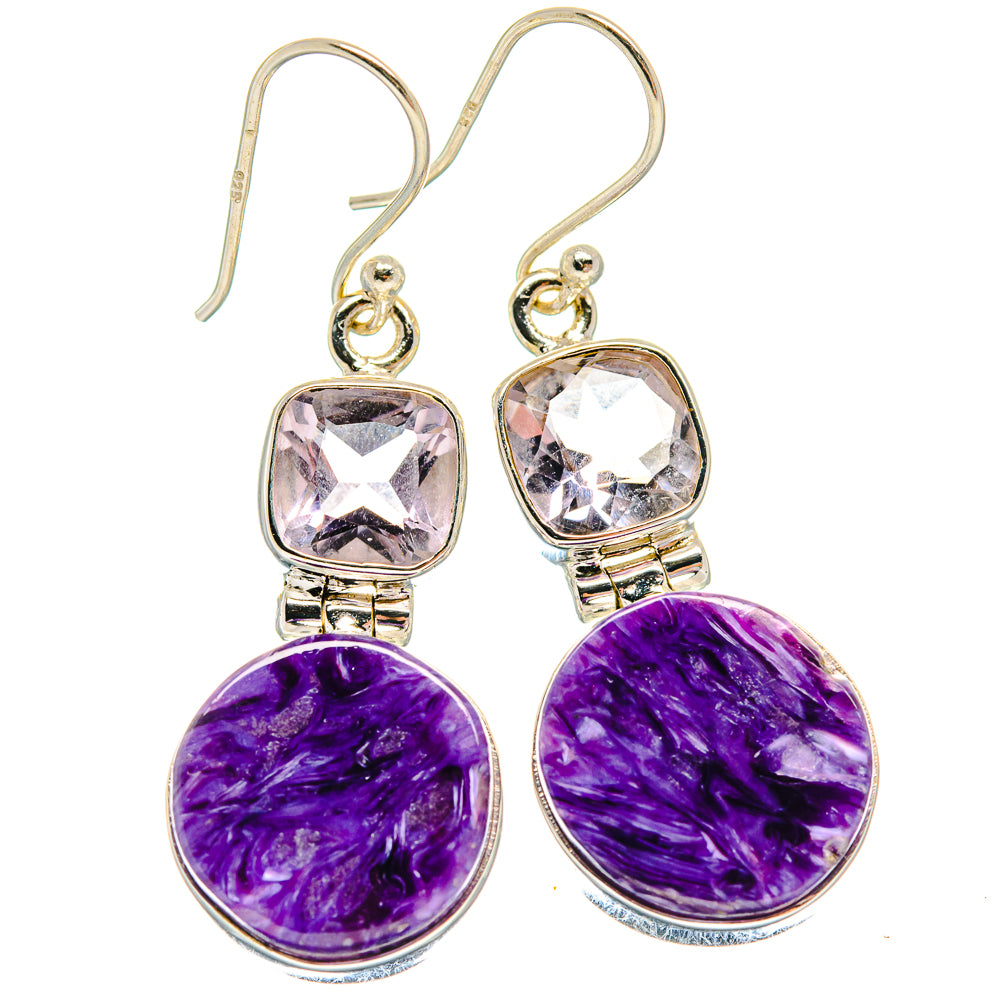 Purple cabochon drop earrings with faceted square stones and sterling silver hooks