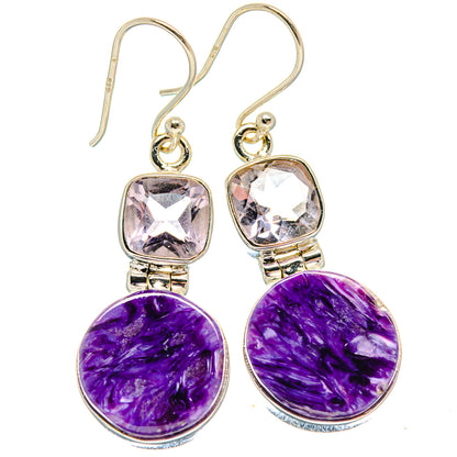 Purple cabochon drop earrings with faceted square stones and sterling silver hooks