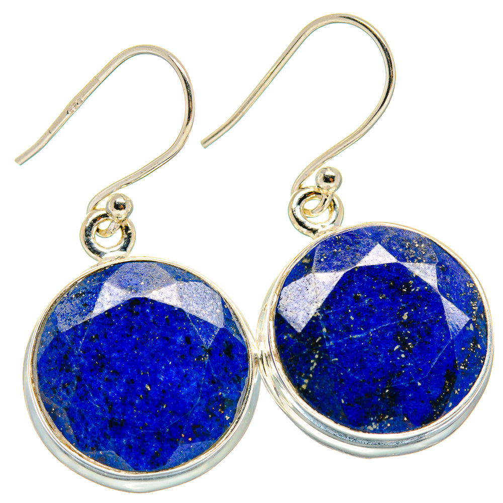 Round lapis lazuli cabochon drop earrings, 925 sterling silver with fishhook backs