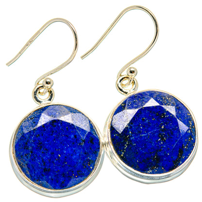 Round lapis lazuli cabochon drop earrings, 925 sterling silver with fishhook backs