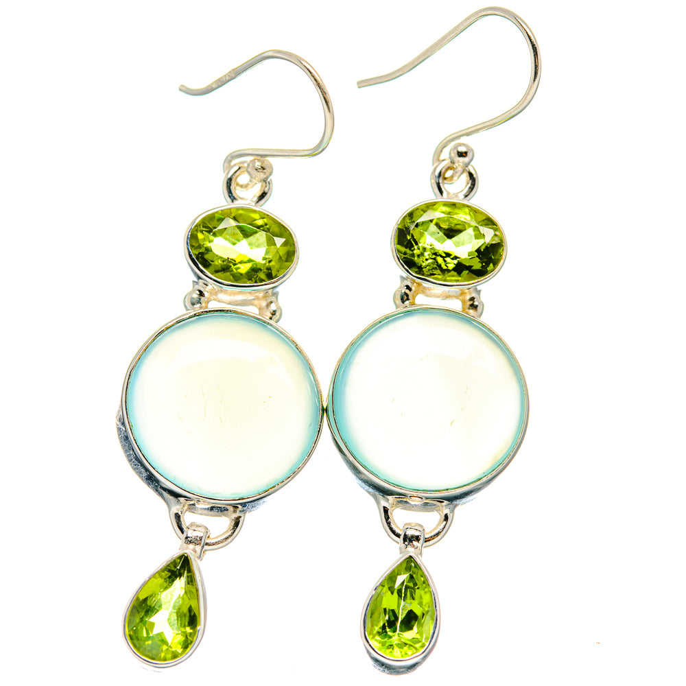 Peridot and aqua chalcedony drop earrings in 925 sterling silver, round aqua cabochons and green teardrops