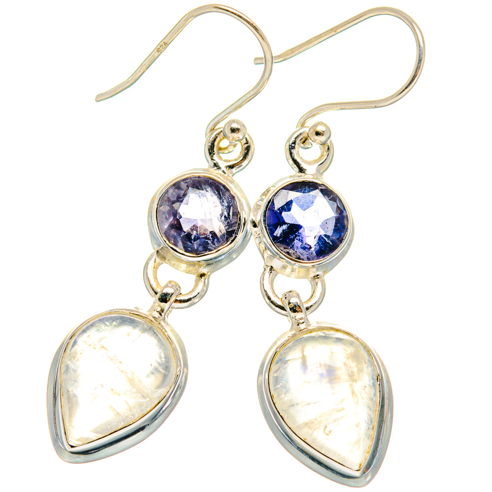 925 sterling silver earrings with purple-blue round stones and white teardrop opal drops