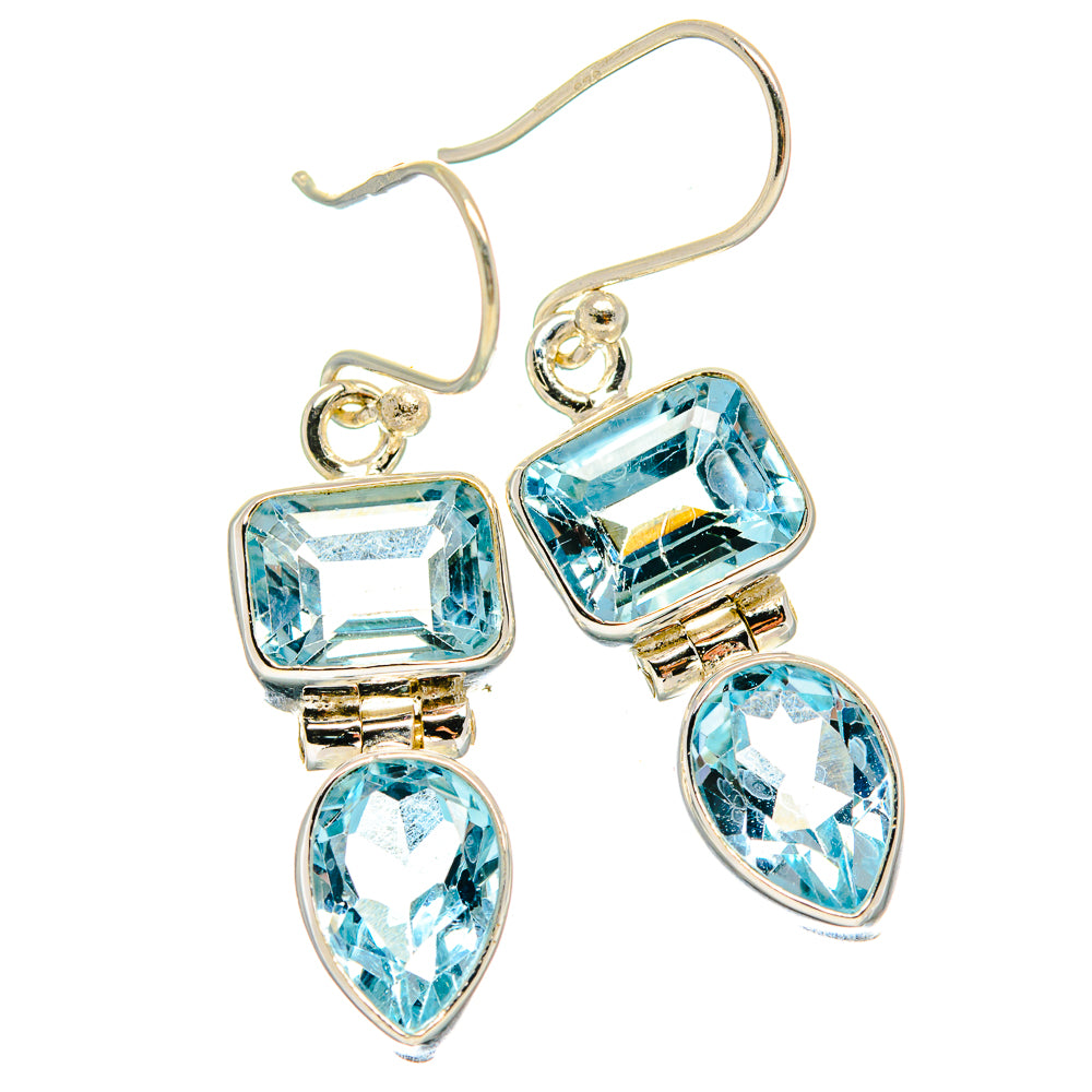 Blue topaz drop earrings in 925 sterling silver, square and pear blue stones with gold accents
