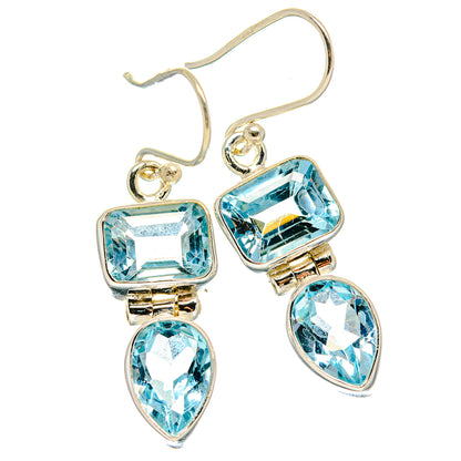 Blue topaz drop earrings in 925 sterling silver, square and pear blue stones with gold accents