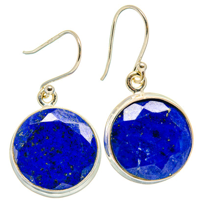 Pair of round lapis lazuli drop earrings, blue stones in sterling silver bezels