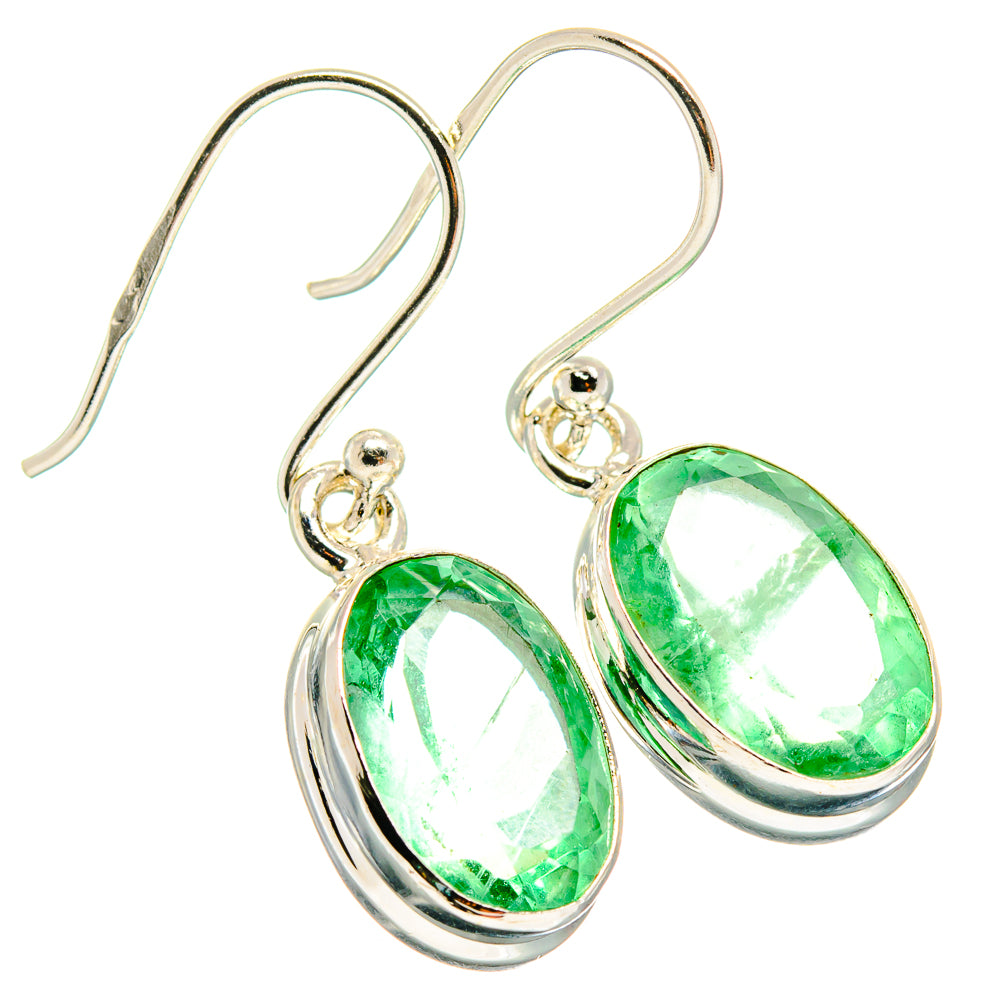 Oval green fluorite drop earrings, 925 sterling silver, polished hooks with settings