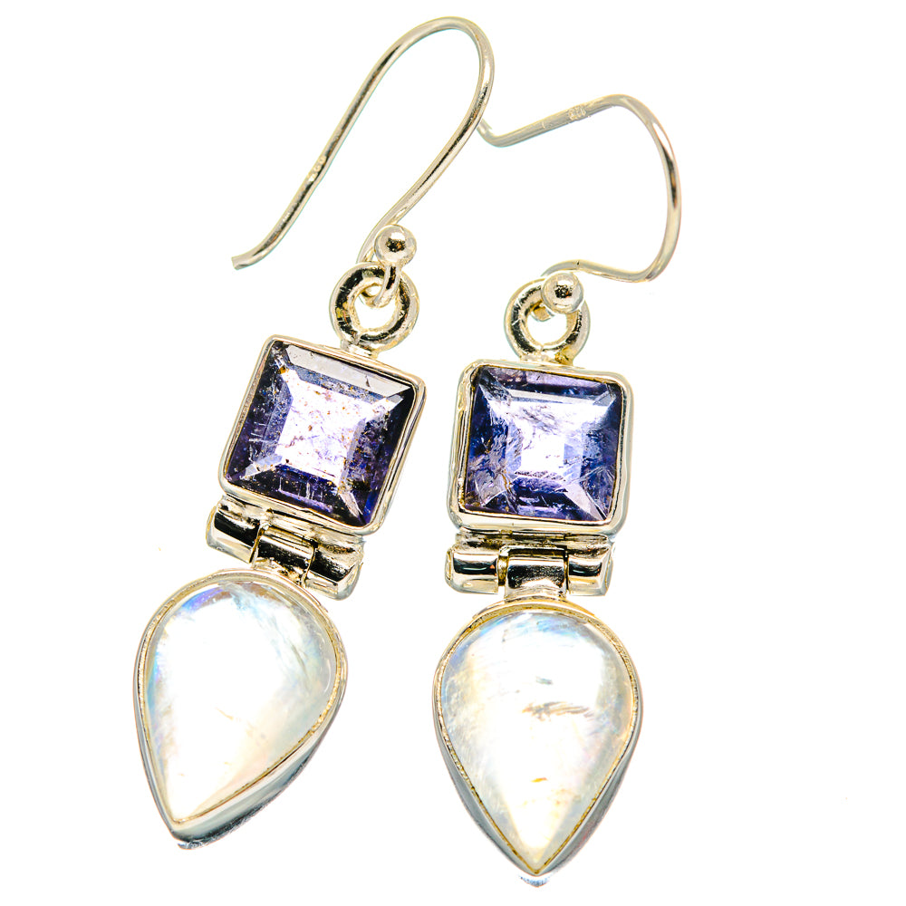 Tanzanite and moonstone drop hook earrings, 925 sterling silver, square and pear stones