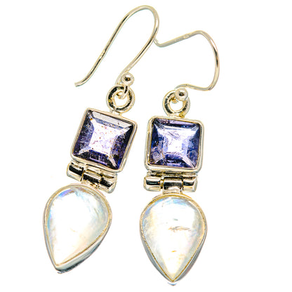Tanzanite and moonstone drop hook earrings, 925 sterling silver, square and pear stones