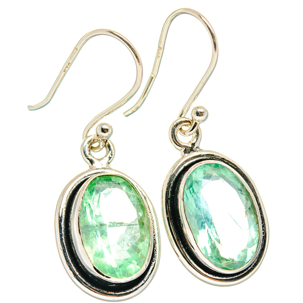 Green fluorite oval drop earrings, 925 sterling silver bezel with black frame and fishhooks