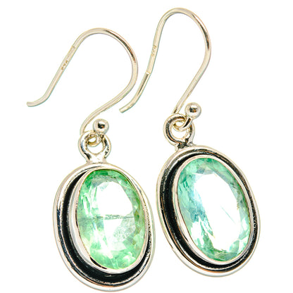 Green fluorite oval drop earrings, 925 sterling silver bezel with black frame and fishhooks