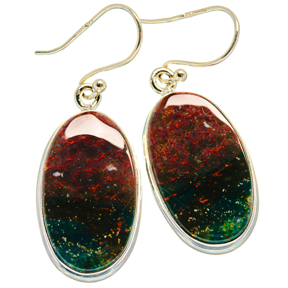 Oval bloodstone drop earrings, 925 sterling silver with red-green speckled gemstone, hook back