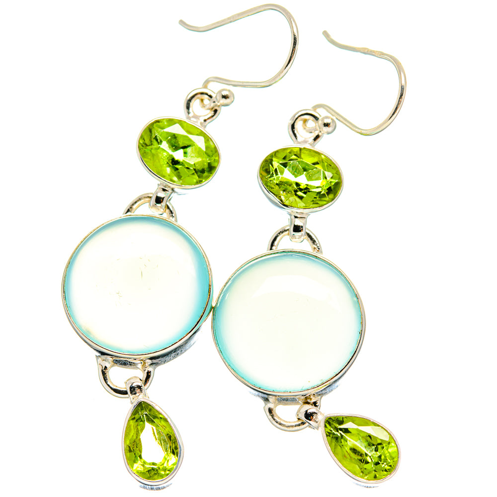 Sterling silver drop earrings with round aqua chalcedony, green peridot accents and hooks