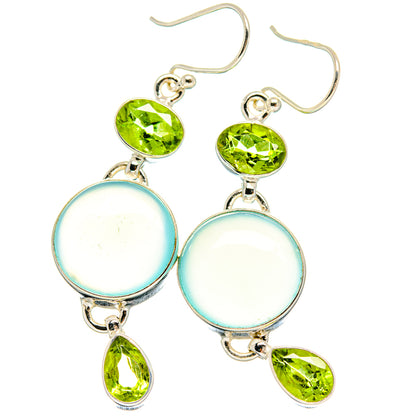 Sterling silver drop earrings with round aqua chalcedony, green peridot accents and hooks
