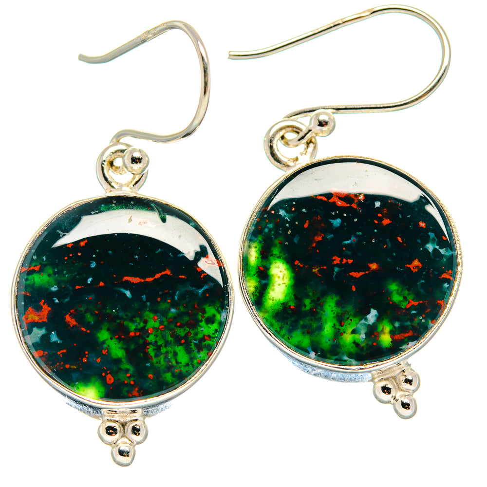 925 silver bloodstone drop earrings, round green-black stone with orange speckles, hook backs