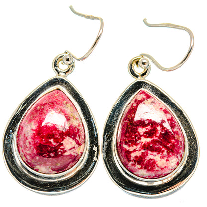 Sterling silver teardrop dangle earrings with pink/red teardrop stones and orange top bezels