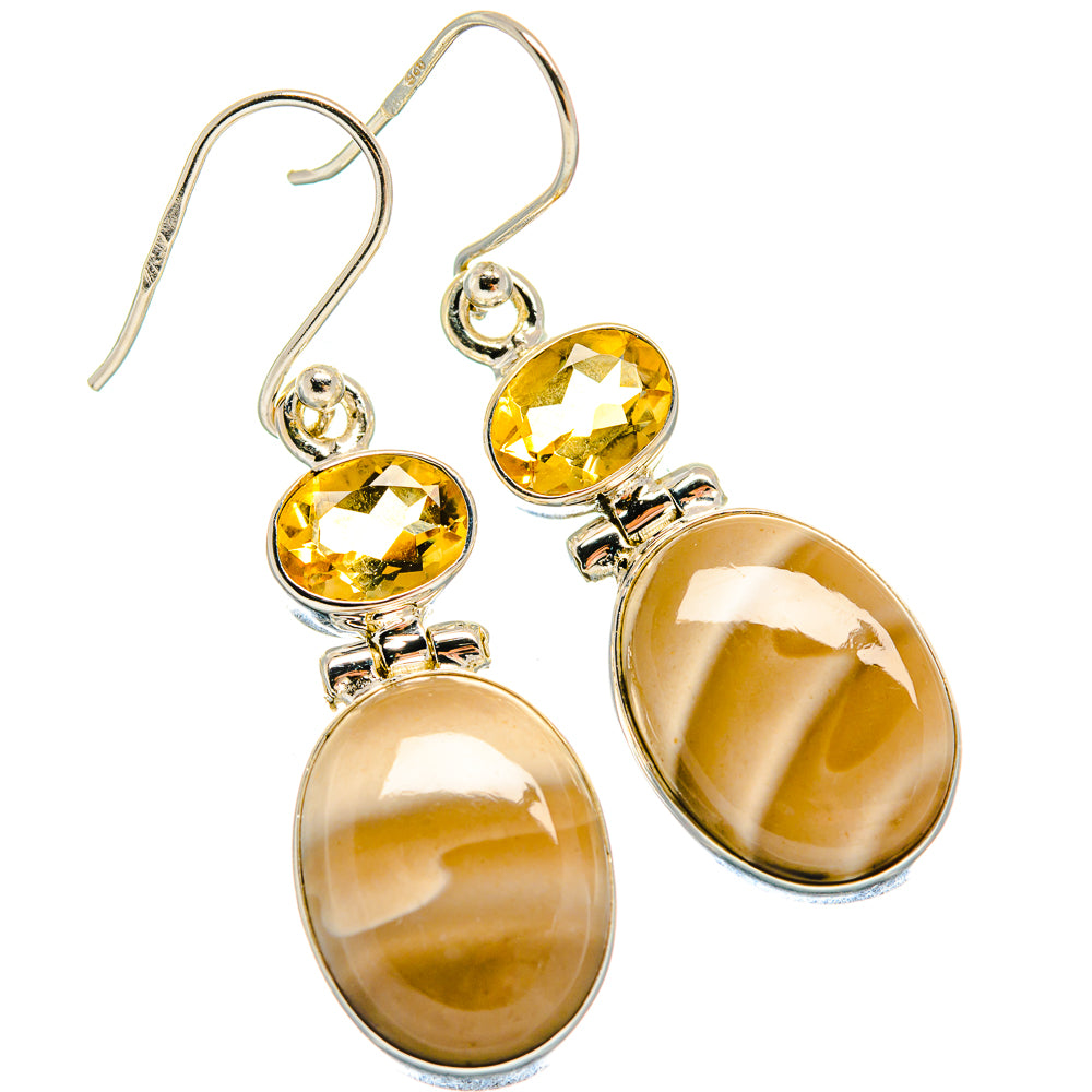 Silver drop earrings with yellow round stones and large oval amber jasper drops