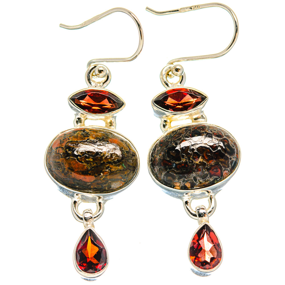 Sterling silver drop earrings, round amber fossil-like center with red gemstone dangles