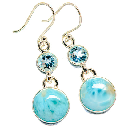Sterling silver dangle earrings with round sky-blue stones and hook backs