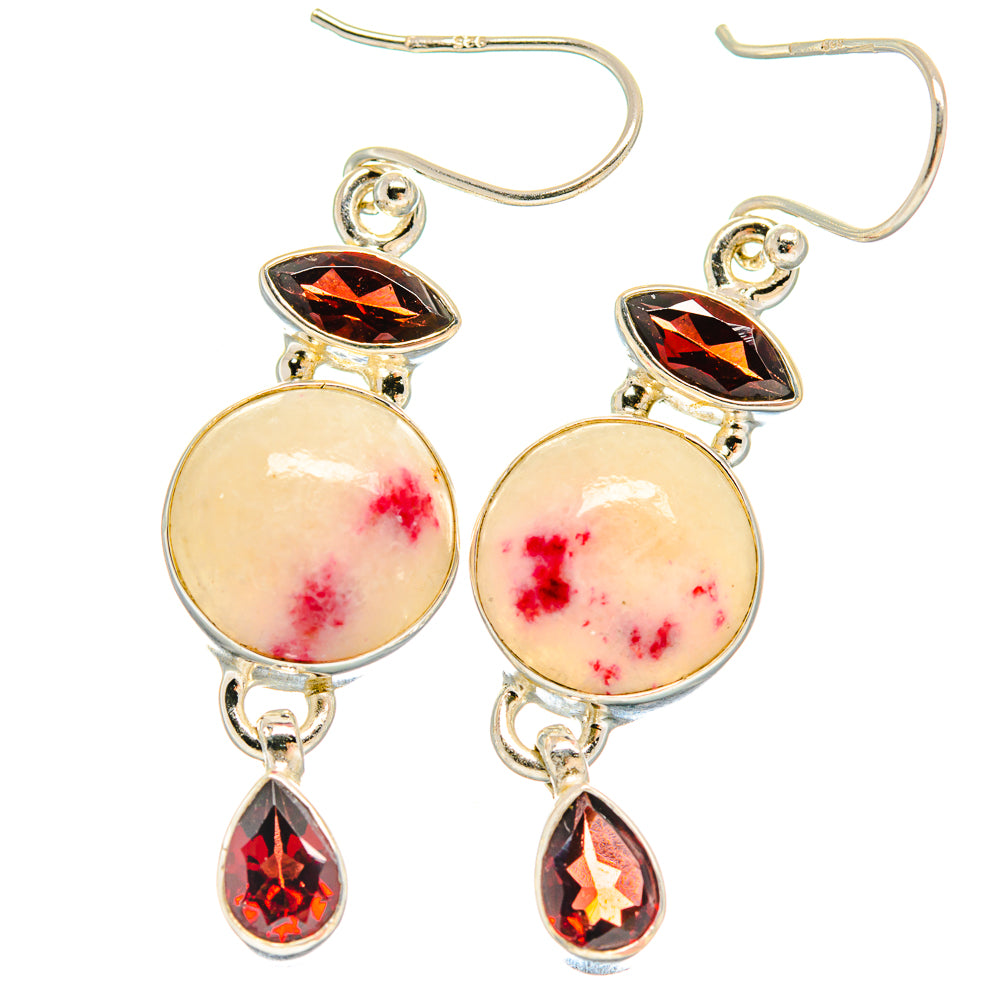 Sterling silver hook earrings with black-red garnet tops, pink speckled circles, and drops