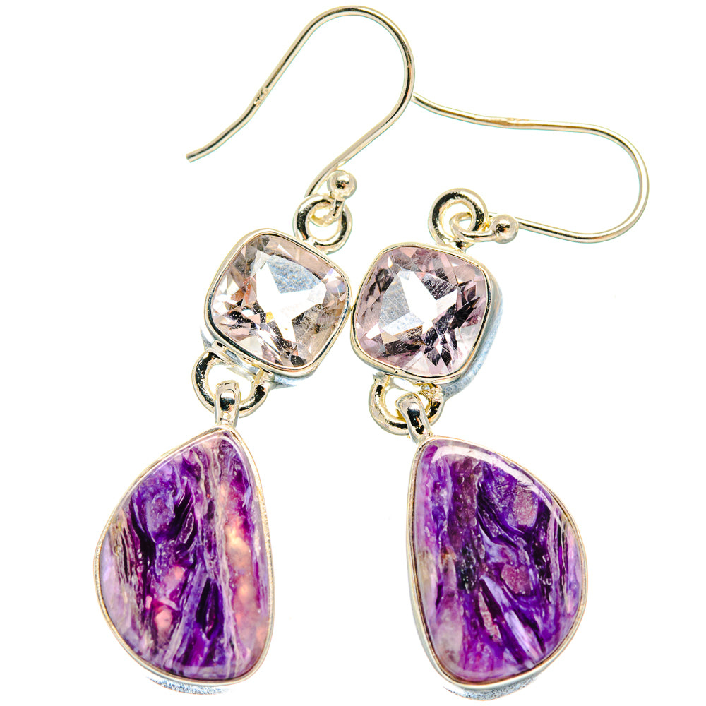 Sterling silver drop earrings with faceted pink stones and purple teardrop charoite