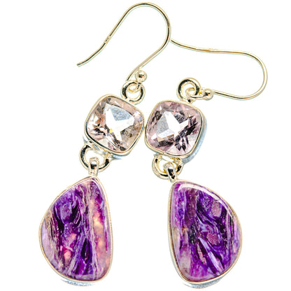 Sterling silver drop earrings with faceted pink stones and purple teardrop charoite