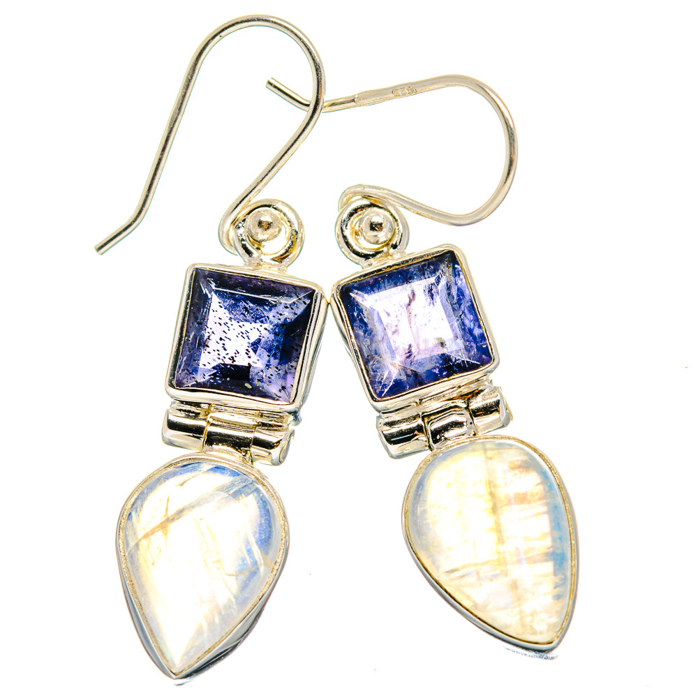 Sterling silver fishhook earrings with square blue tanzanite and teardrop opalescent moonstones