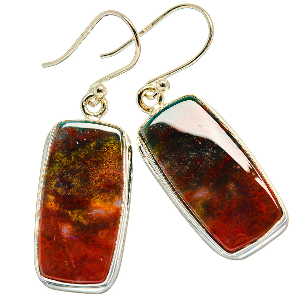 Rectangular bloodstone cabochon drop earrings in 925 sterling silver, fishhook