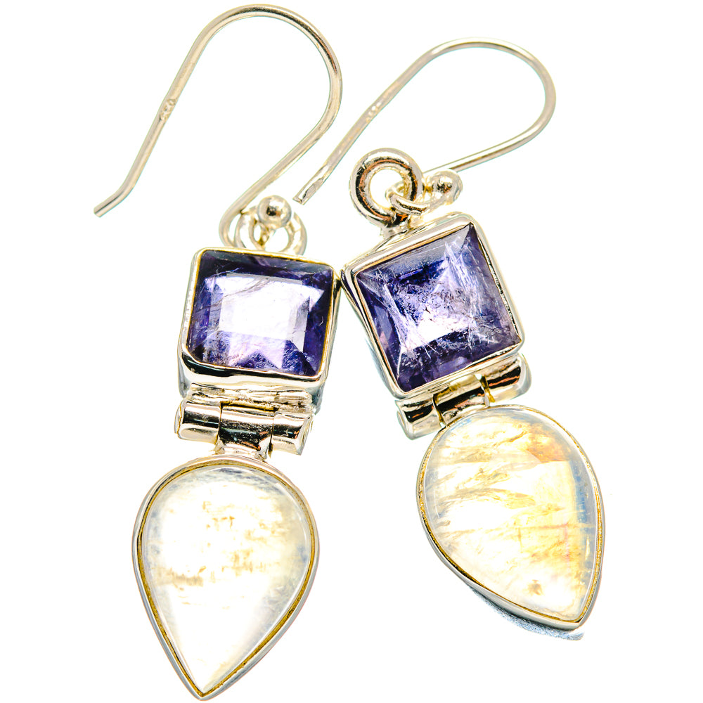 925 sterling silver drop earrings with square purple stone and pear moonstone dangles